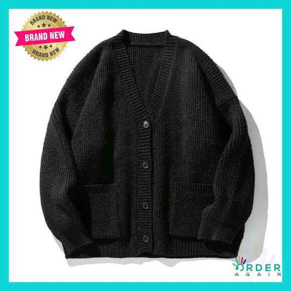 V-Neck Cable Knit Cardigan Sweater Oversized Grunge Y2K Streetwear - Picture 4 of 8